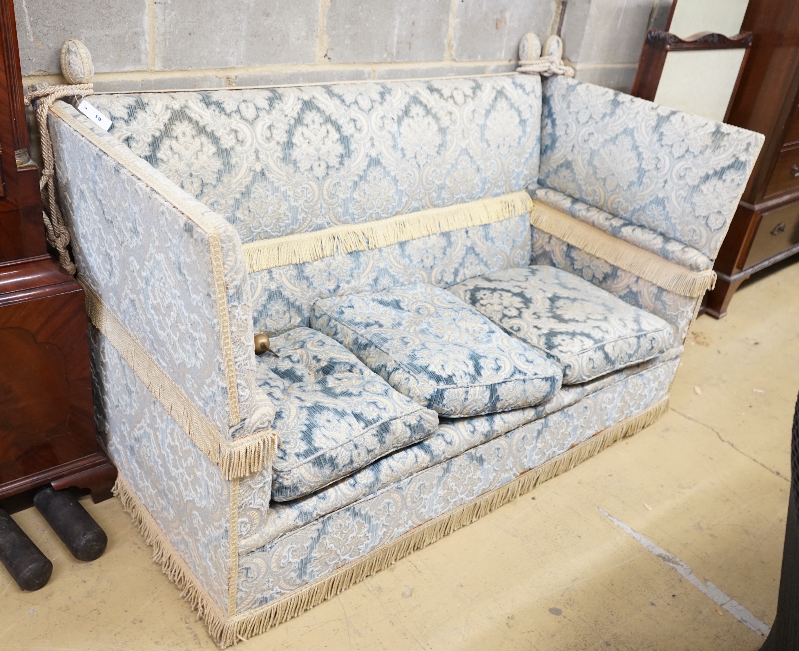 A mid 20th century upholstered Knowle settee, length 162cm, depth 78cm, height 100cm